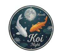 Metal Tin Sign Koi Fish Moonlight Reflection Pond Japanese | 8x8Inch vintage style Round Plaque Wall Decor for Cafe, Club Bar, Office, Home Garden, front door, Bedroom, corridor