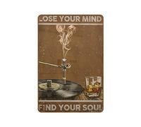 Metal Tin Sign - Lose Your Mind Find Your Soul Whiskey Glass Poster Music Lover Vinyl Player Art Print Inspirational tin Sign Art for Home Decor Novelty Retro Metal Tin Sign 8"x12"