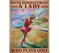 Metal Tin Sign Never Underestimate A Lady Who Plays Golf Tin Sign Gift For Golf Lover Rustic Metal Wall Art Sign Pub Wall Decor Art 12"X 8" Inch