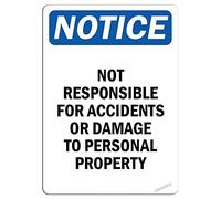 Metal Tin Sign Not Responsible For Accidents Or Damage Notice Marker Decorative Sign Ideal For Private Property Business Disclaim Liability For Incidents On The Premises 8×6 INCH