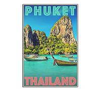 Metal Tin Sign Phuket Bangkok Thailand Boat Mountain Vintage Travel Tin Sign Vintage Rustic Decor Cave Coffee Shop Bar Bedroom Home Wall Decor Nostalgic Tin Sign 15x30cm