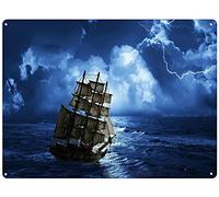 Metal Tin Sign Pirate Ship On The Stormy High Seas (Picture Poster Beach Ocean),Poster Plaques Metal Wall Sign Retro Wall Art Decoration Vintage Metal Poster For Pub Bar Bathroom 20x30 cm