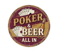 Metal Tin Sign Poker Strategic Basement Beer | 8x8Inch vintage style Round Plaque Wall Decor for Cafe, Club Bar, Office, Home Garden, front door, Bedroom, corridor
