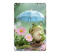 Metal Tin Sign Rainy Day Green Frog With Blue Umbrella Metal Painting Retro Vintage Poster Plaque, For Office, Cafe, Home, 20x30cm