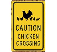 Metal Tin Sign Vintage Black Yellow Caution Chicken Crossing Funny Decoration for Farmhouse Chicken Coop Wall Decor 8X6 Inch