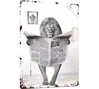 Metal Tin Sign Vintage Lion Toilet Reading Newspaper Humour Funny Animal Whimsy Animal for Home,Bathroom and Toilet Wall Decor 8x12 Inch