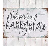 Metal Tin Sign Vintage Nautical Blue Welcome, Wall Decor Welcome To Our Happy Place Poster Art for Home Living Room Bedroom Garden Garage Office Cafe Bar Pub 8x12 Inch