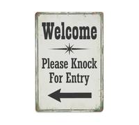 Metal Tin Sign Vintage Welcome Please Knock For Entry Arrow Star