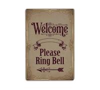 Metal Tin Sign Vintage Welcome Please Ring Bell Arrow Ribbon