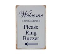 Metal Tin Sign Vintage Welcome Please Ring Buzzer Arrow Scroll