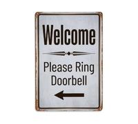 Metal Tin Sign Vintage Welcome Please Ring Doorbell Arrow Geometric