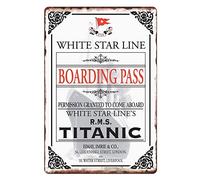 Metal Tin Sign Vintage White Star Line Boarding Pass Titanic Sign Advertising Eye Catching for Home, Living Room, Bedroom, Office, Hotel, Cafe and Pub Wall Decor 12x8 Inches