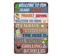 Metal Tin Sign Welcome To Our Island House Tin Sign Vintage Pool Signs Patio Sign Beach Paradise Wall Decoration Backyard Bar Outdoor Swimming Pool Deck Decor 12x16 Inch