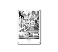 Metal Tin Signs Rome Italy Travel Black And White Roman City Spanish Steps Coordinates Minimalist Rome Bedroom and Bathroom Wall Decoration 8x12inch