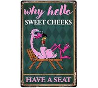 Metal Tin Signs Why Hello Sweet Cheeks Have A Seat Flamingo Drinking Wine Wall Art Decor Aesthetic Wall Poster Metal Decorative Tin Signs For Garden Kitchen Decor S