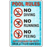 Metal Tin Warning Sign Pool Rules, No Diving, No Running, No Peeing Aluminum Safety Signs for Home, Commercial, and Driveway Alerts Aluminum Metal Sign 8X12 Inches
