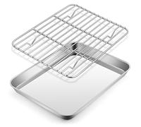 Metal Toaster Oven Tray Set, E-far 10.5”x8.3” Small Stainless Steel Baking Pan with Wire Rack for Cooking Broiling, Rimmed Metal Sheet for Roasting Cooling Cookie Bacon Steak