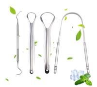 Metal Tongue Scraper +Dental Floss Picker- Pack of 4,Professional Tongue Cleaners Set for Oral Cleaning, Reduce Bad Breath and Mouth Cleaning, Portable Medical Grade Stainless Steel Tongue Scrapers