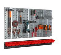 Metal tool board 117x72cm Pegboard tool holders Tool hooks 13 stacking boxes red