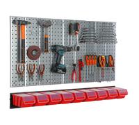 Metal tool board 117x72cm Pegboard tool holders Tool hooks 9 stacking boxes red