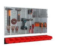Metal tool board 117x72cm Pegboard tool holders Tool hooks 9 stacking boxes red