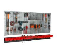 Metal tool board 156x72cm Pegboard tool holders Tool hooks 10 stacking boxes red