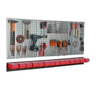Metal tool board 156x72cm Pegboard tool holders Tool hooks 14 stacking boxes red