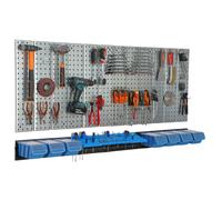 Metal tool board 156x72cm Pegboard tool holders Tool hooks 7 stacking boxes blue