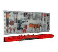 Metal tool board 156x72cm Pegboard tool holders Tool hooks 7 stacking boxes red