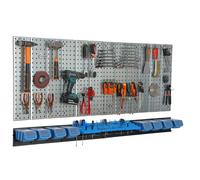 Metal tool board 156x72cm Pegboard tool holders Tool hooks 8 stacking boxes blue