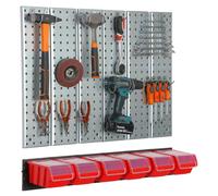 Metal tool board 78x72 cm Pegboard tool holders Tool hooks 6 stacking boxes red