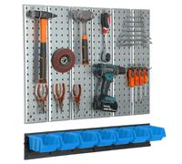 Metal tool board 78x72 cm Pegboard tool holders Tool hooks 7 stacking boxes blue