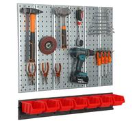 Metal tool board 78x72 cm Pegboard tool holders Tool hooks 7 stacking boxes red