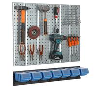 Metal tool board 78x72cm Pegboard tool holders Tool hooks 7 stacking boxes blue