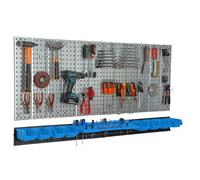Metal Tool wall 156x72 cm Pegboard tool holders Tool hooks 8 stacking boxes blue