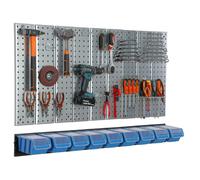 Metal Toolboard 117x72 cm Pegboard tool holders Tool hooks 9 stacking boxes blue