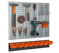 Metal Toolboard 78x72cm Pegboard tool holders Tool hooks 8 stacking boxes orange
