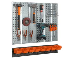 Metal Toolboard 78x72cm Pegboard tool holders Tool hooks 8 stacking boxes orange
