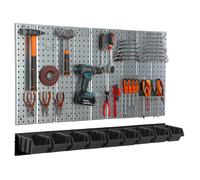 Metal Toolwall 117x72cm Pegboard tool holders Tool hooks 9 stacking boxes black