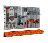Metal Toolwall 117x72cm Pegboard tool holders Tool hooks 9 stacking boxes orange