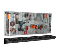 Metal Toolwall 156x72cm Pegboard tool holders Tool hooks 12 stacking boxes black