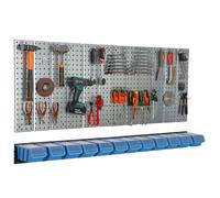 Metal ToolWall 156x72cm Pegboard tool holders Tool hooks 12 stacking boxes blue
