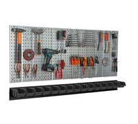 Metal Toolwall 156x72cm Pegboard tool holders Tool hooks 15 stacking boxes black