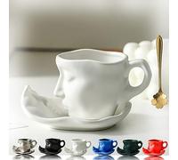 Metal Touching Face Creative Ceramic Kiss Coffee Cup, Ceramic Coffee Mug with Saucer Set, Novelty Creative Gift - 9 Oz (White)