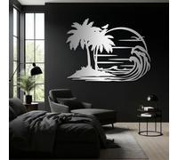 Metal Tropical Palm Tree Wall Art, Coastal Beach Ocean Wave Wall Decor, Tropical Island Minimalist Sign for Beach House, Living Room, Bathroom, Outdoor Patio (Silver 24"W x 18"H / 60 x 45 c
