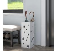 HOMCOM Metal Umbrella Stand Square Umbrella Basket With 4 Hooks Drip Tray White, White