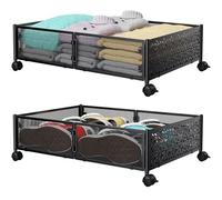 Metal Under Bed Storage Box, Under the Bed Storage on Wheels,Tool-free Assembly,Foldable rolling under bed drawer for cloth, shoes,toys, Space Saving, Black, 2 Pack-23.6 * 15.75 * 6.22 inches