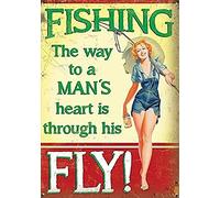 Metal Vintage Tin Sign Decor Pin Up Girl Fishing The Way to A Man's Heart Through His Fly Tin Sign Poster Vintage Metal Signs for Bar Music Club Man Cave Room Wall Decor 8x12 Inch