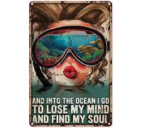 Metal Vintage Tin Sign Diver Dive Scuba Diving Girl and Into The Ocean I Go To Lose My Mind Poster Home Living Decor Poster,Funny Retro Wall Art Sign 8x12 inch