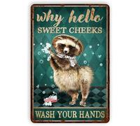 Metal Vintage Tin Signs Funny Raccoon Why Hello Sweet Cheeks Funny Toilet Shower Room Bathroom House Vintage Metal Tin Signage 8x12 Inch